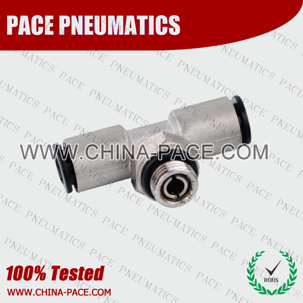 G Thread Brass Body Plastic Sleeve Male Branch Tee Push in Fittings, Nickel Plated Brass Push In fittings, Brass Pneumatic Fittings With Plastic Sleeve, Nickel Plated Brass Air Fittings, Nickel Plated Brass Push To Connect Fittings